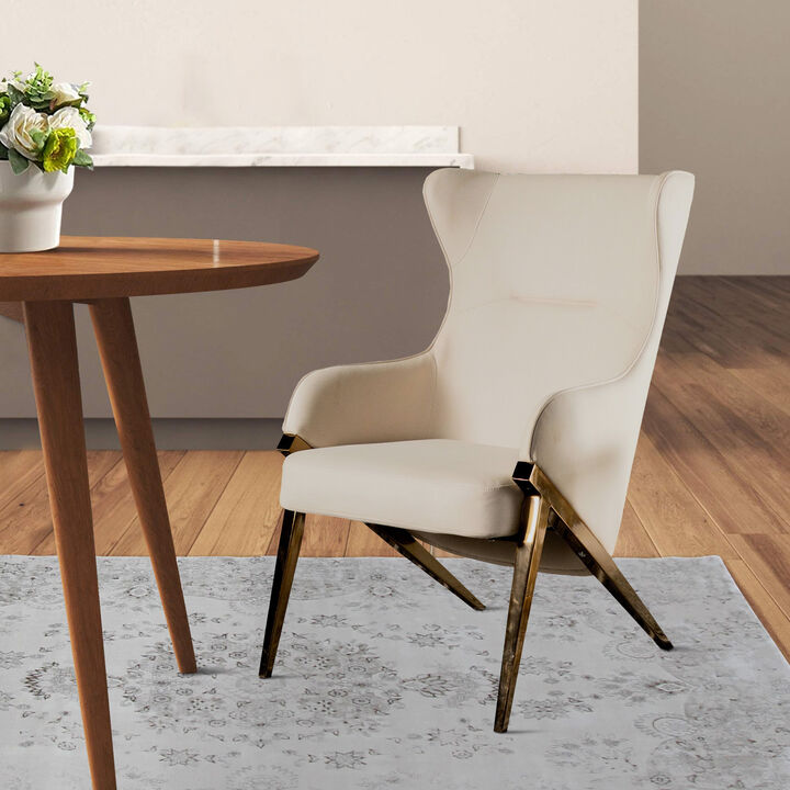 Arlo 33 Inch Accent Chair, Contoured Wingback, Beige Vegan Leather-Benzara