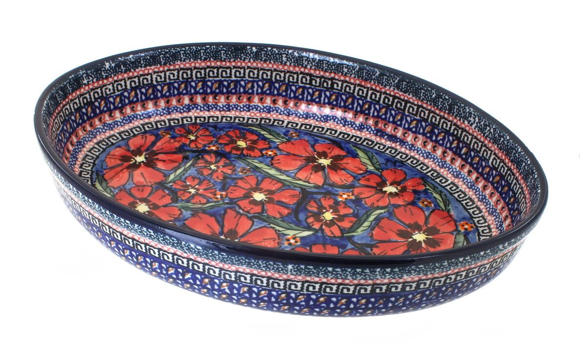 Blue Rose Polish Pottery Flowering Peacock Medium Oval Baker
