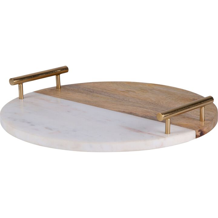 14" White and Antique Brass Round Tray with Handles