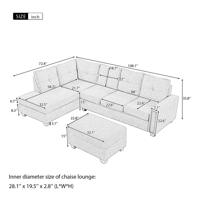 L-Shaped Reversible Sectional Sofa with Storage Ottoman