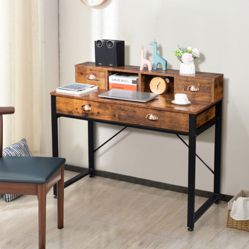 Steel Frame Computer Desk with Old Wood Table Top, 4 Drawers for Home Office or Study