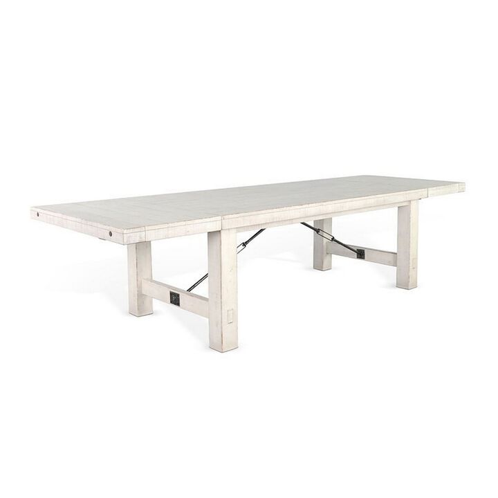 Rena Dining Table, 2 Extension Leaf, 86-122 Inch White Mahogany Wood - Benzara