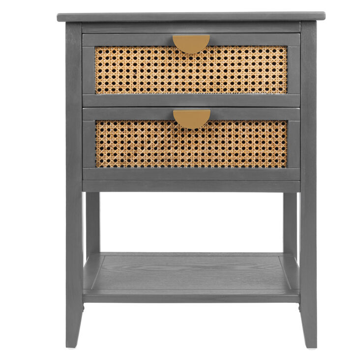 2 Drawer Side Table, Natural Rattan, End Table, Suitable For Bedroom, Living Room, Study
