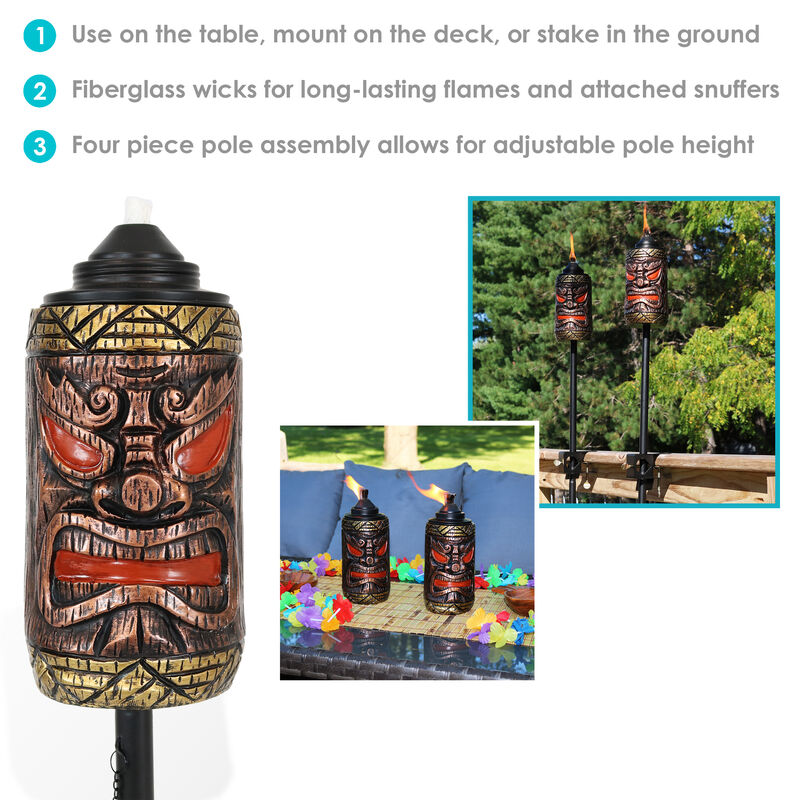 Sunnydaze Resin/Metal 3-in-1 Tiki Face Outdoor Lawn Torch - Set of 2
