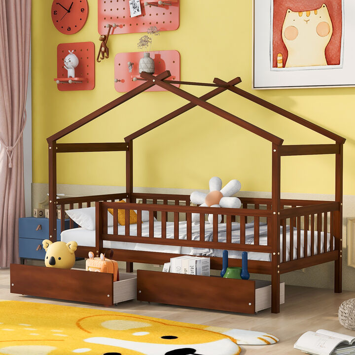 Streamdale Twin Size Wooden House Bed With Two Drawers, Walnut