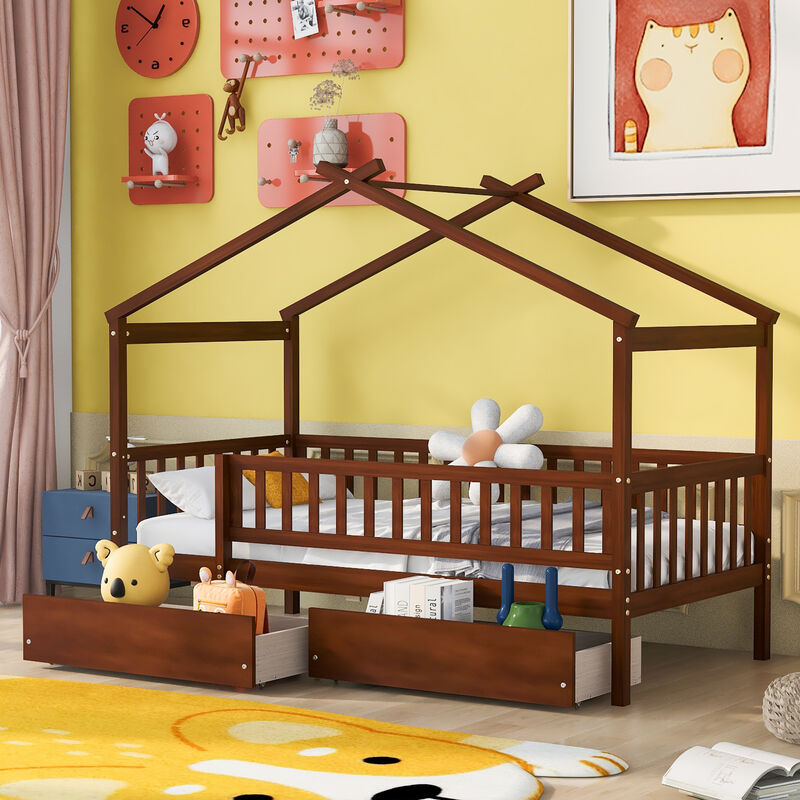Streamdale Twin Size Wooden House Bed With Two Drawers, Walnut