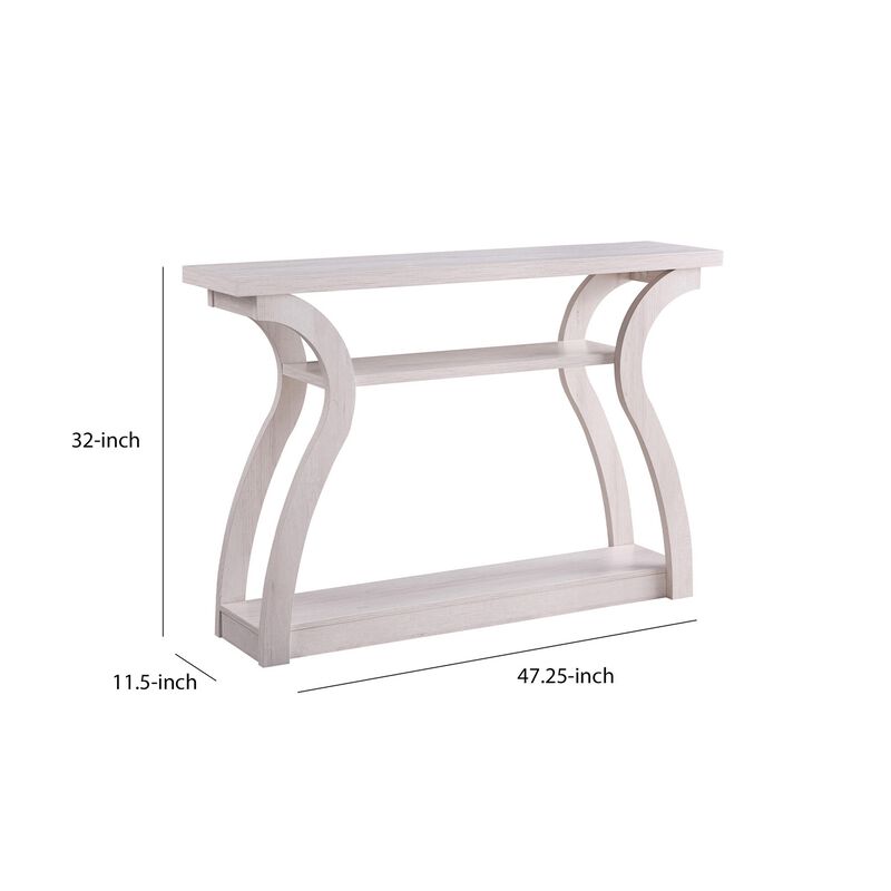 Rectangular Top Wooden Frame Console Table with 2 Bottom Shelves, Off White-Benzara