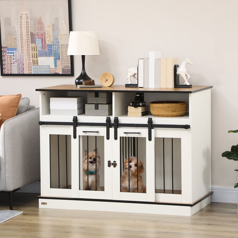 White Pet Sanctuary: Large Double Dog Crate with Shelves & Storage