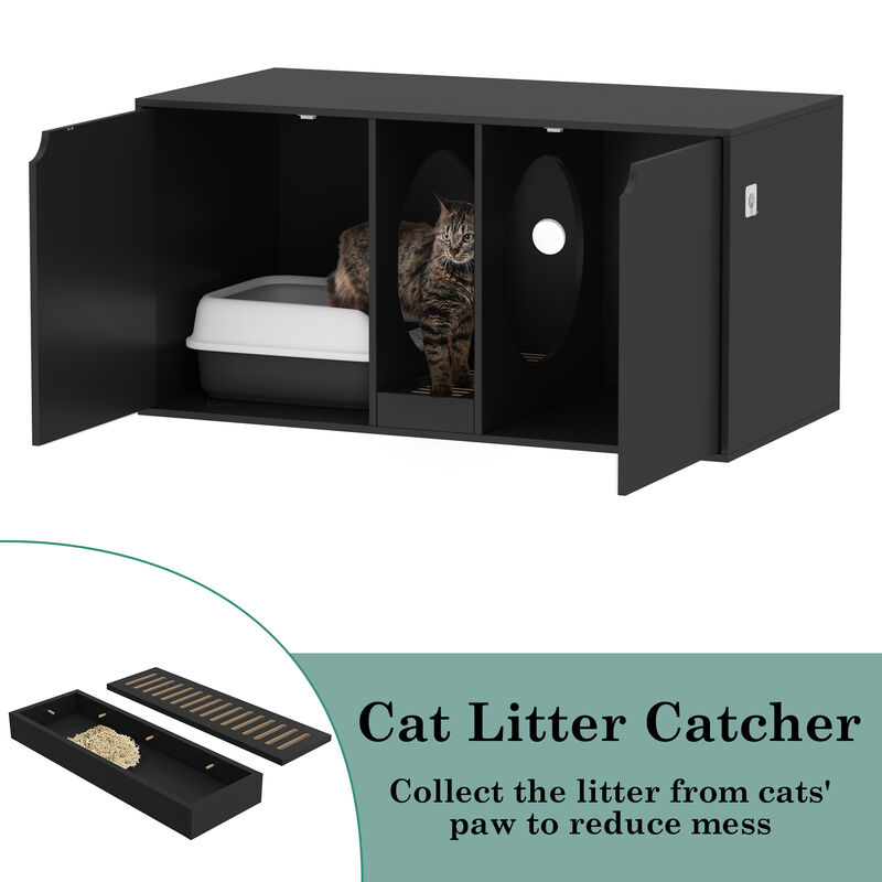Cat Litter Box Enclosure for 2 Cats, Modern Wood Stackable Large Cat Washroom Cabinet Bench End Table Furniture, Black