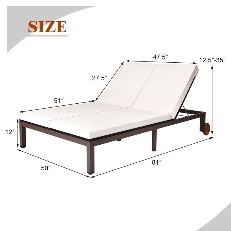 2-Person Patio Rattan Lounge Chair with Adjustable Backrest and Cushions