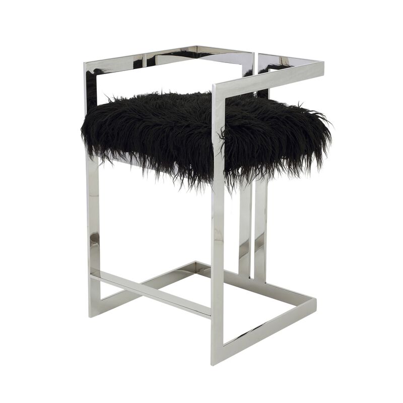 Suki 26 Inch Counter Stool Chair, Black Faux Fur, Silver Stainless Steel - Benzara