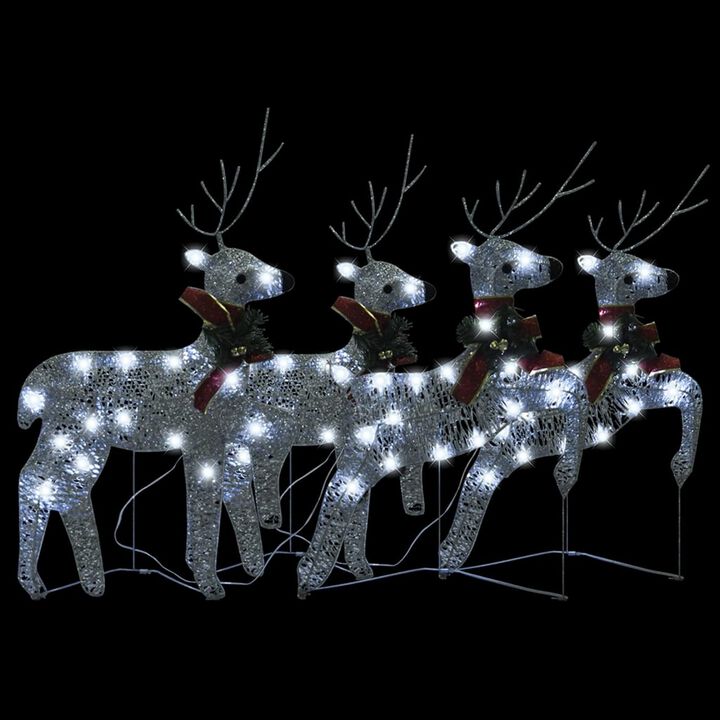 Outdoor 4 Reindeer Christmas Decor, 80 Cool White LEDs, Silver Metal - Benzara