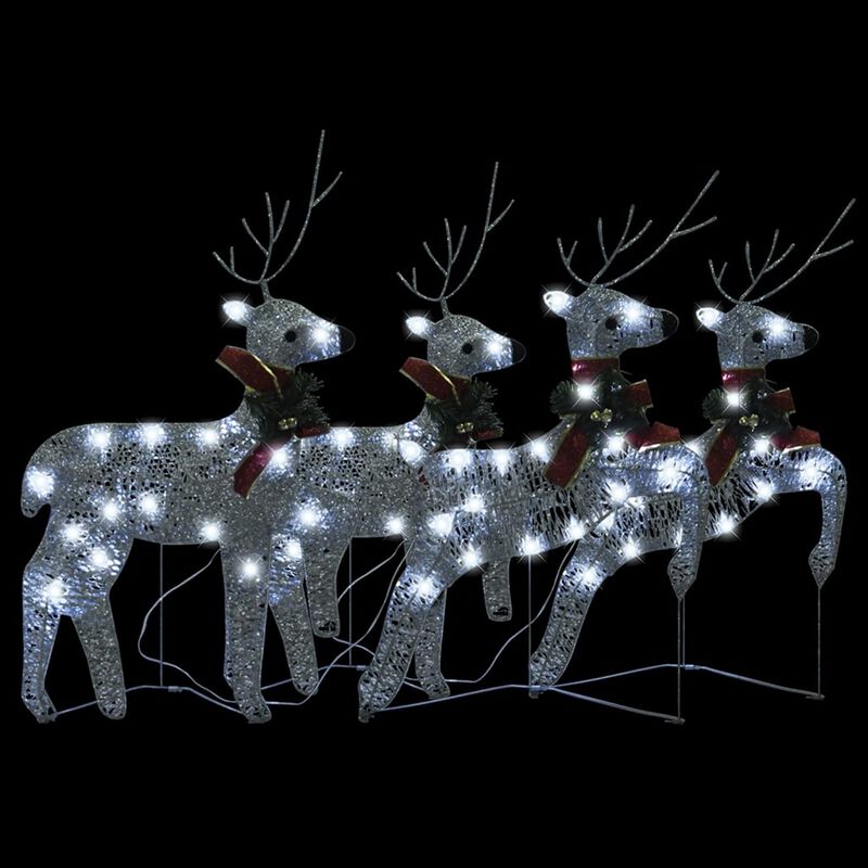 Outdoor 4 Reindeer Christmas Decor, 80 Cool White LEDs, Silver Metal - Benzara