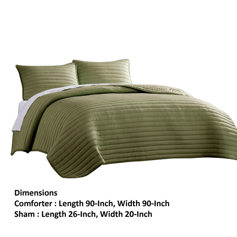 Cabe 3 Piece Queen Comforter Set, Polyester Puffer Channel Quilted, Green - Benzara
