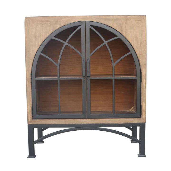 Veria Small China Cabinet, 2 Door Arch Frame, Antique Brown 42 Inch - Benzara