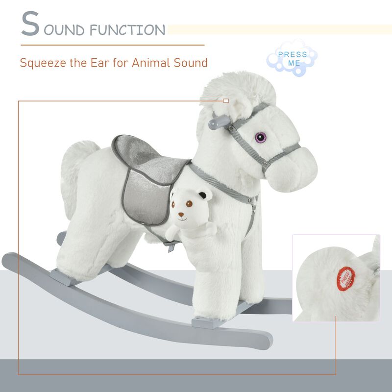 White Plush Pony: Rocking Horse with Bear Toy for Kids