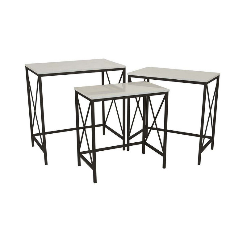 Zoe Plant Stand Table Set of 3, Metal, Rectangular Marble Top, Black Metal - Benzara