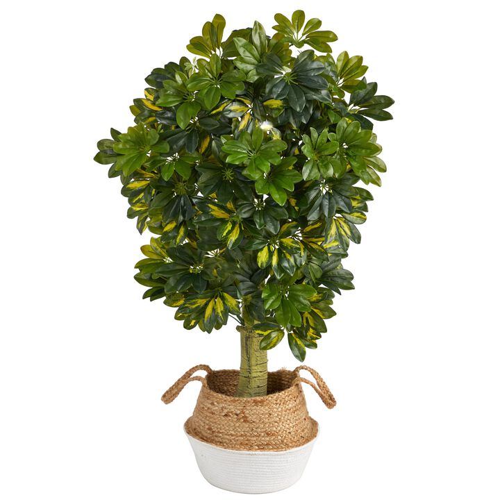 Hivvago 4 Feet Schefflera Artificial Tree in Boho Chic Handmade Cotton & Jute White Woven Planter (Real Touch)