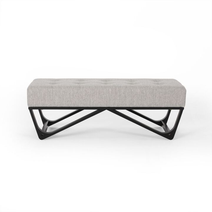 Liba Ottoman Bench, Button Tufted Beige Fabric, Black Frame, 47 Inch -Benzara