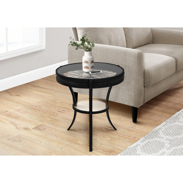 Monarch Specialties I 2140 Accent Table, Side, End, Nightstand, Lamp, Round, Living Room, Bedroom, Metal, Tempered Glass, Black, Clear, Transitional