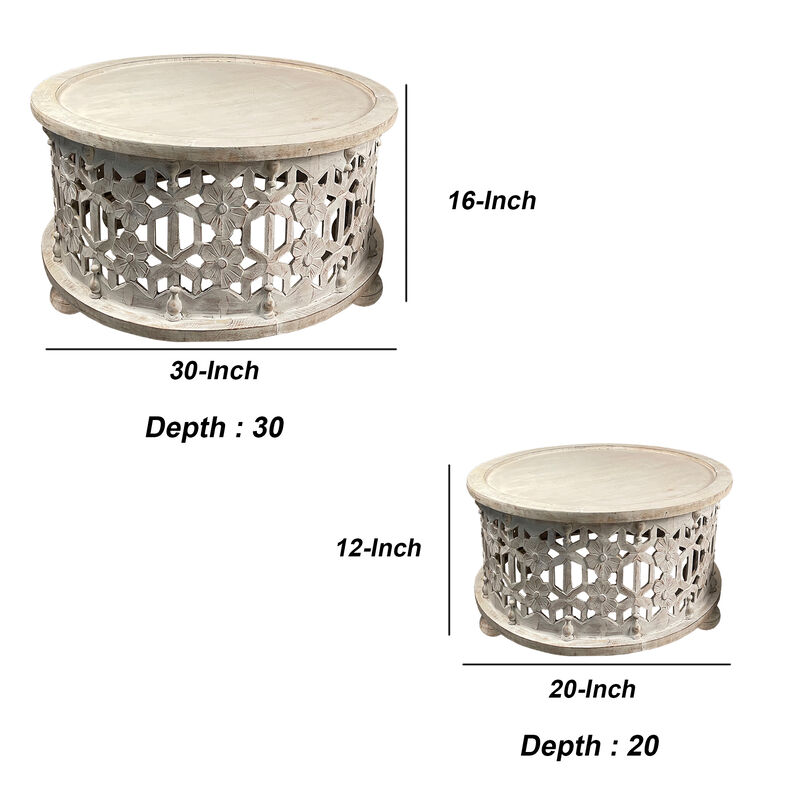 30 Inch Round 2 Piece Wood Coffee Table Set, Carved Floral Design, Antique White-Benzara