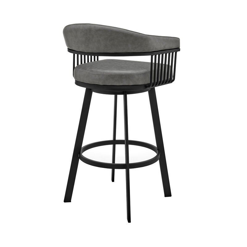 Swivel Barstool with Open Design Metal Frame and Slatted Arms, Gray and Black-Benzara