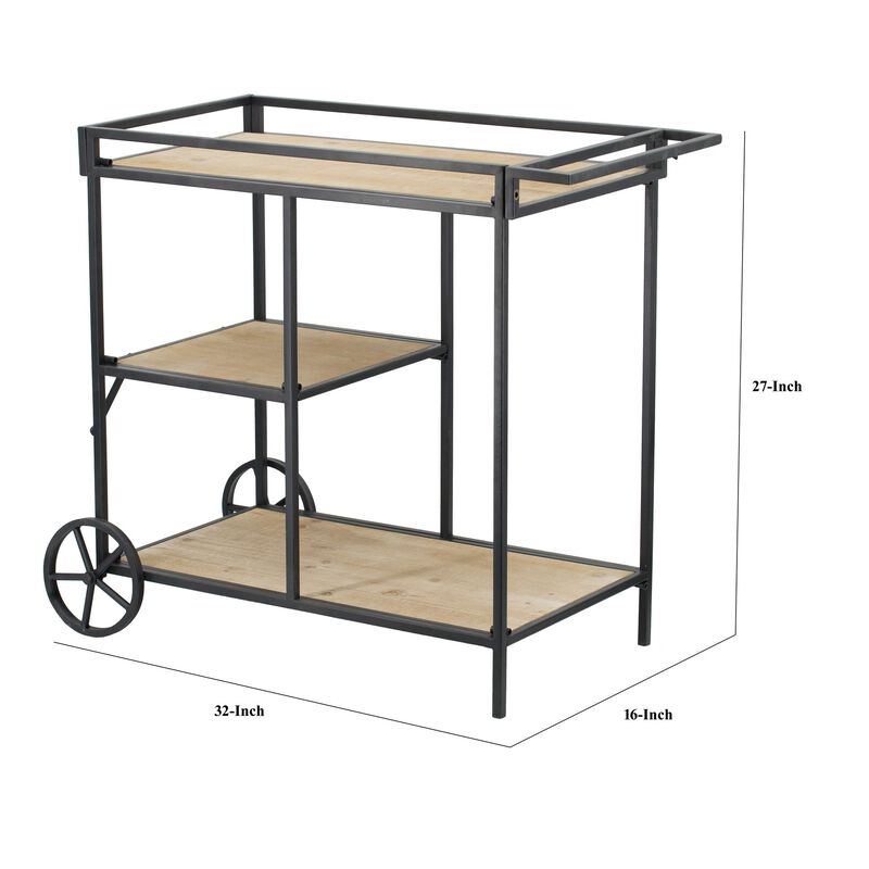 32 Inch Bar Cart, 3 Tiers, Fir Wood Shelves, Iron Frame, Black, Brown-Benzara