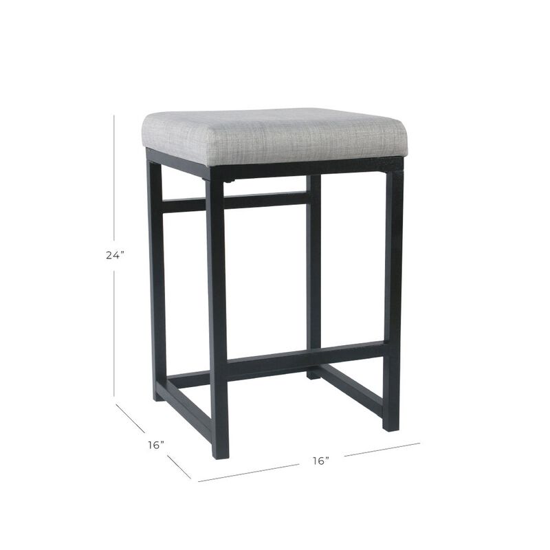Open Back Metal Counter Stool with Fabric Upholstered Padded Seat, Gray and Black - Benzara
