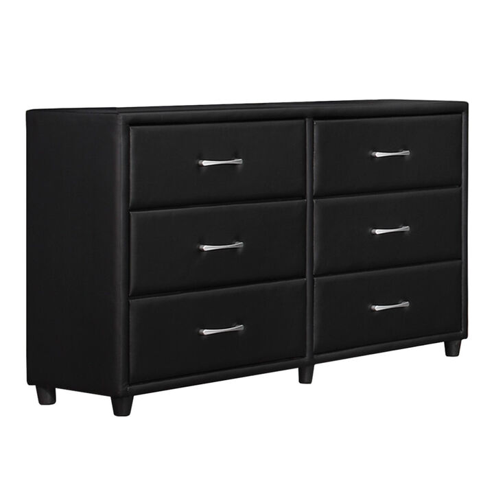6 Drawer Dresser In Wood And PVC, Black-Benzara