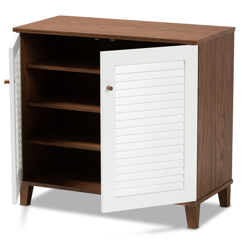 Baxton Studio Coolidge Modern and Contemporary White and Walnut Finished 4-Shelf Wood Shoe Storage Cabinet