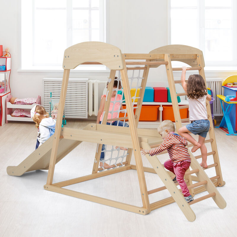 6-in-1 Indoor Jungle Gym Kids Wooden Playground with Monkey Bars
