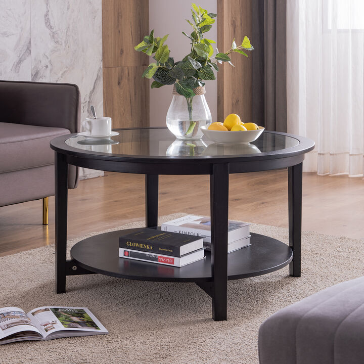 Round Glass Top Coffee Table with Storage Shelf for Modern Living Room