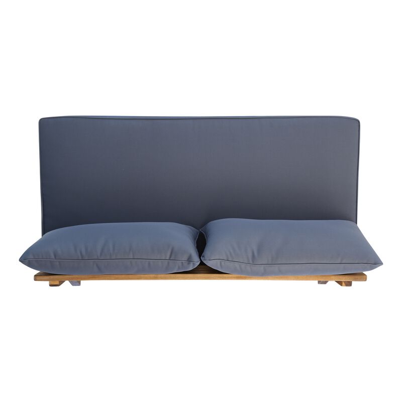 Almo Outdoor Loveseat Bench, Gray Fabric, 49 Inch Brown Acacia Wood - Benzara