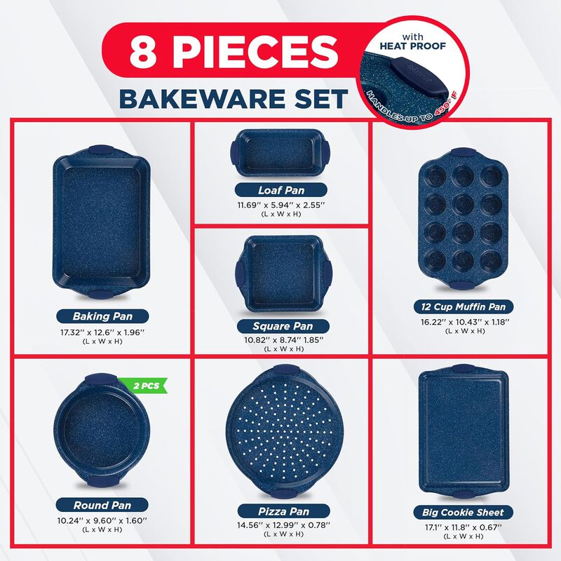BAKKEN Kitchen Baking Pan Set - Nonstick Coating, Carbon Steel Bakeware Sets with Silicone Handles, Baking Kitchen Essentials, PFOA, PFOS, PTFE Free, Oven Safe Tray (Up To 450° F), Set of 8