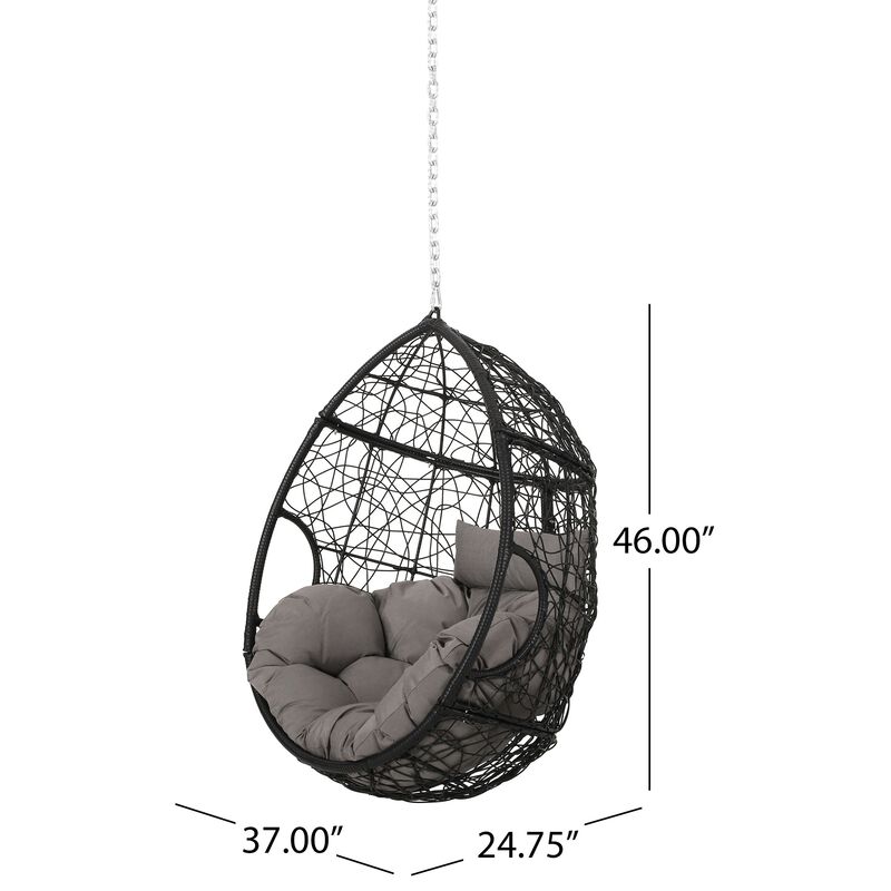 Castic Outdoor Hanging Chair, 46 Inch Rattan Frame, Black Iron, Gray -Benzara