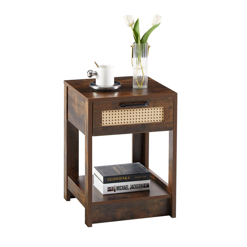Rattan End Table with Drawer, Modern Nightstand, Side Table for Living Room, Bedroom, Rustic Brown