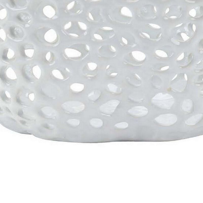 Hina 14 Inch Decorative Bowl, Mesh Design, Wavy Edges, Ceramic White Finish - Benzara