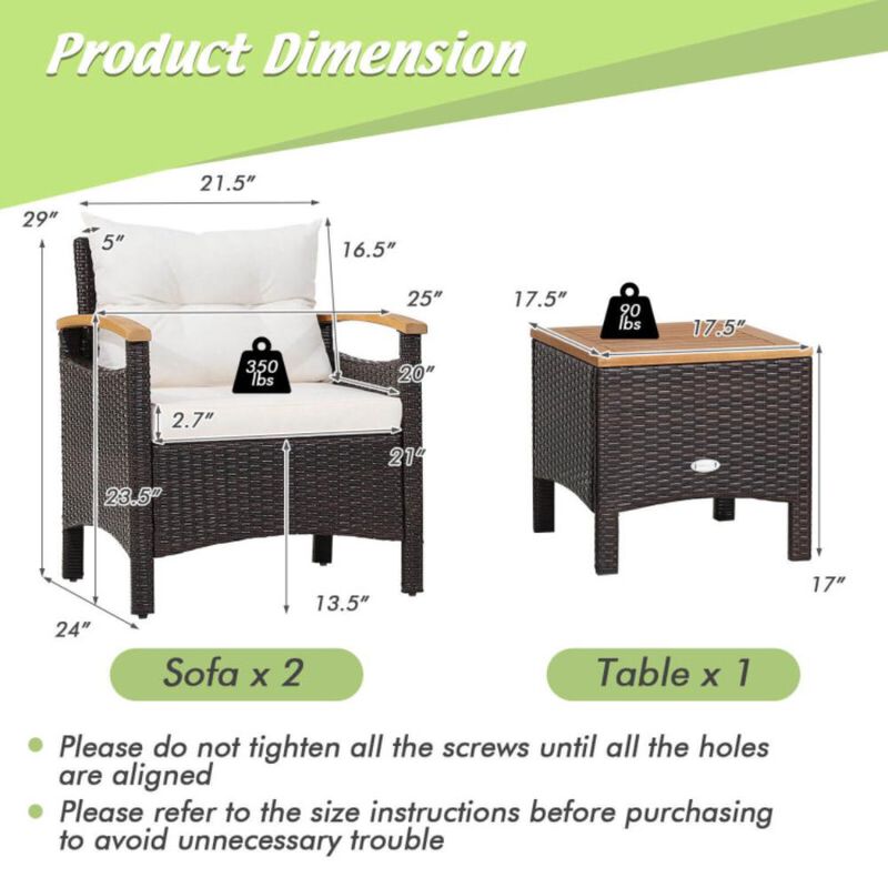 Hivvago 3 Pieces Patio Rattan Furniture Set with Removable Cushions