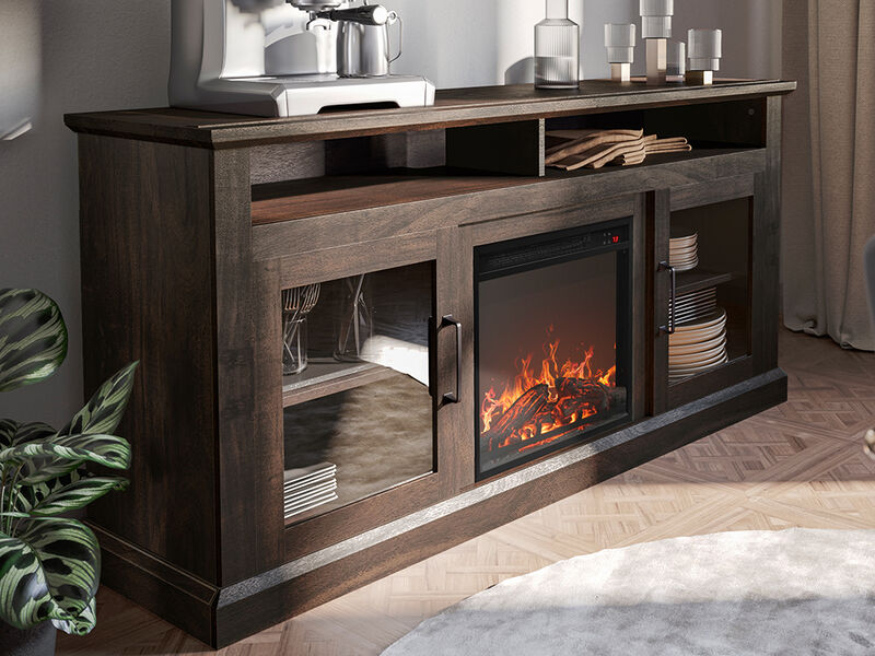 BELLEZE Modern 60" Traditional TV Stand with 18" Electric Fireplace Heater & Media Entertainment Center Console Table for TV up to 65" with Open Storage Shelves & Cabinets - Cayman