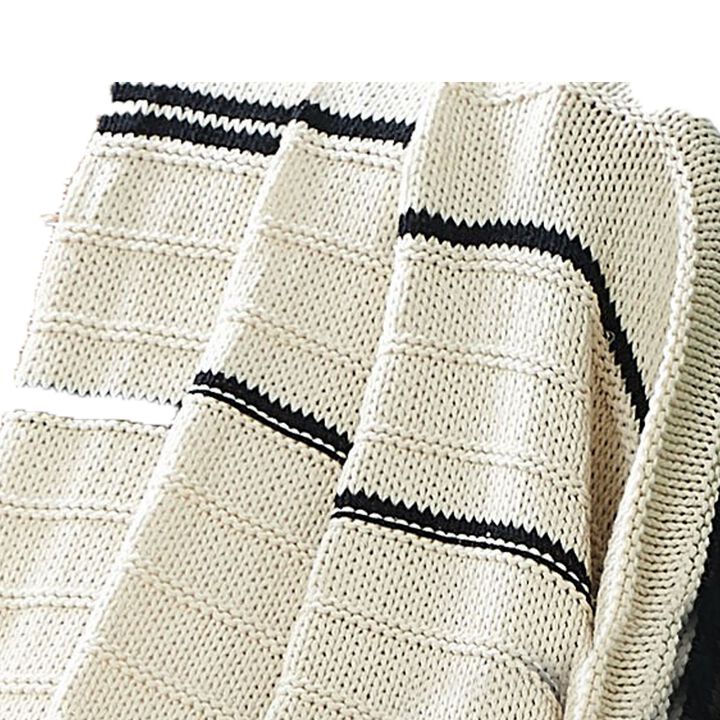 Kai 50 x 70 Throw Blanket with Fringes, Soft Knitted Cotton, Ivory, Black - Benzara