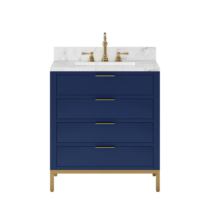 Bristol 30 In. Single Sink Carrara White Marble Countertop Bath Vanity in Monarch Blue