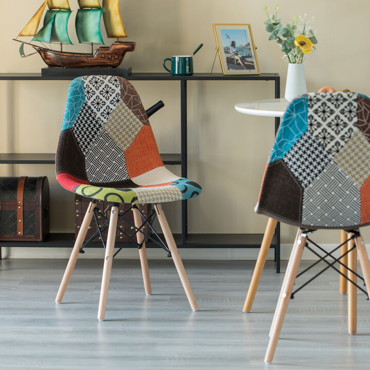 Modern Fabric Patchwork Chair with Wooden Legs for Kitchen, Dining Room, Entryway, Living Room, Single