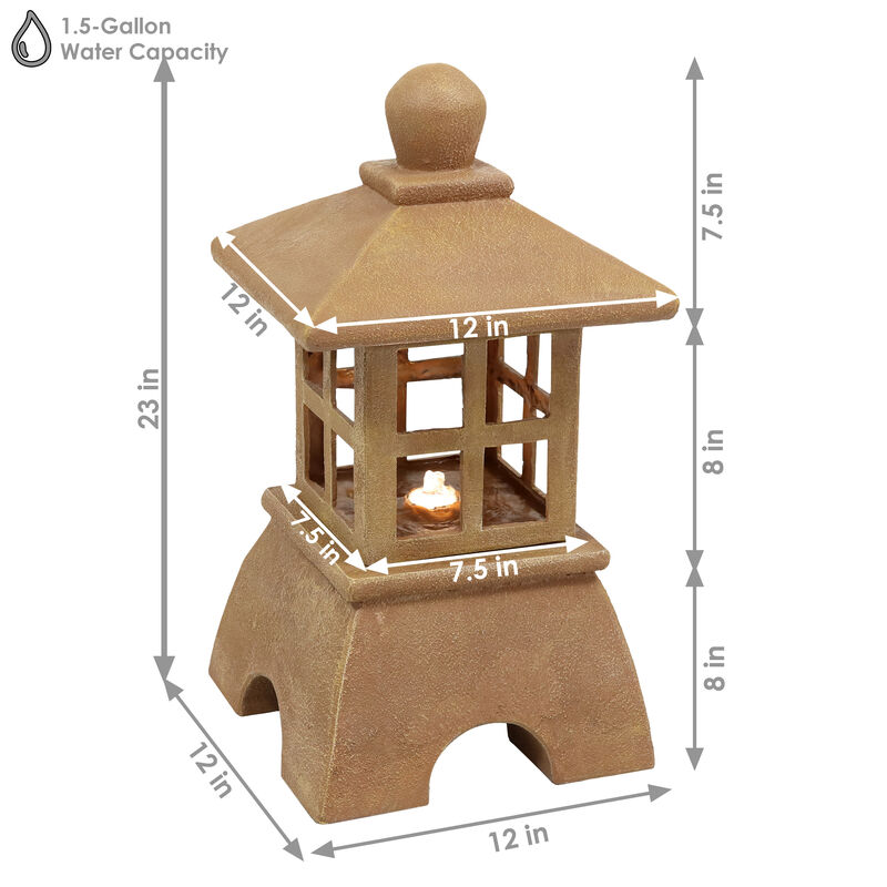 Sunnydaze Asian Pagoda Resin Outdoor Water Fountain with LED Lights - 23 in