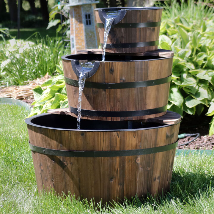 Sunnydaze Rustic 3-Tier Wooden Fir Barrel-Style Water Fountain - 30 in