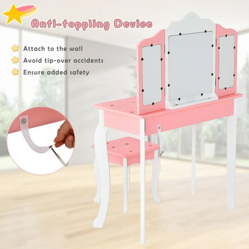 Hivvago Kids Princess Vanity Table and Stool Set with Tri-folding Mirror and Drawer