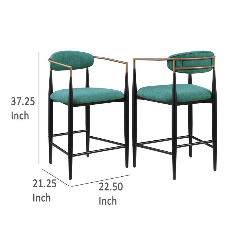Tiara Counter Height Chair Set of 2, Teal Green, Black Metal 25 Inch - Benzara