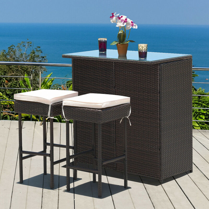 3PCS Patio Rattan Wicker Bar Table Stools Dining Set
