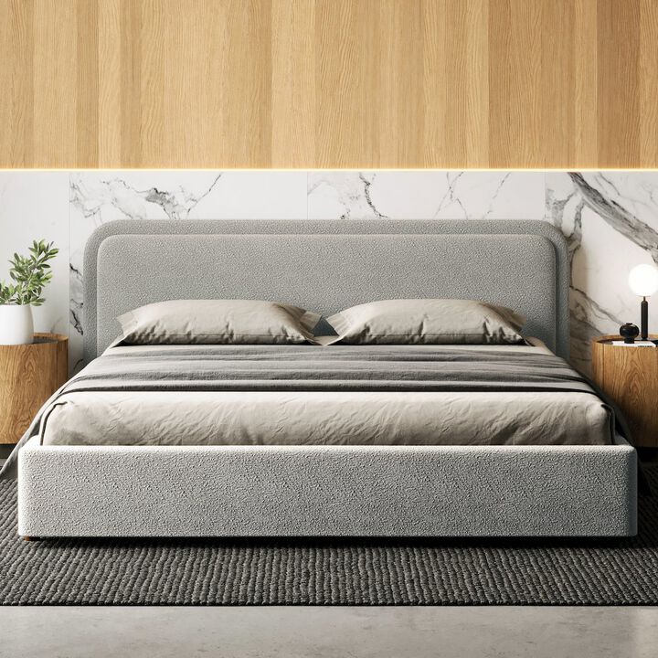 Omax Decor Chloe Upholstered Platform King Bed in Gray Boucle Fabric