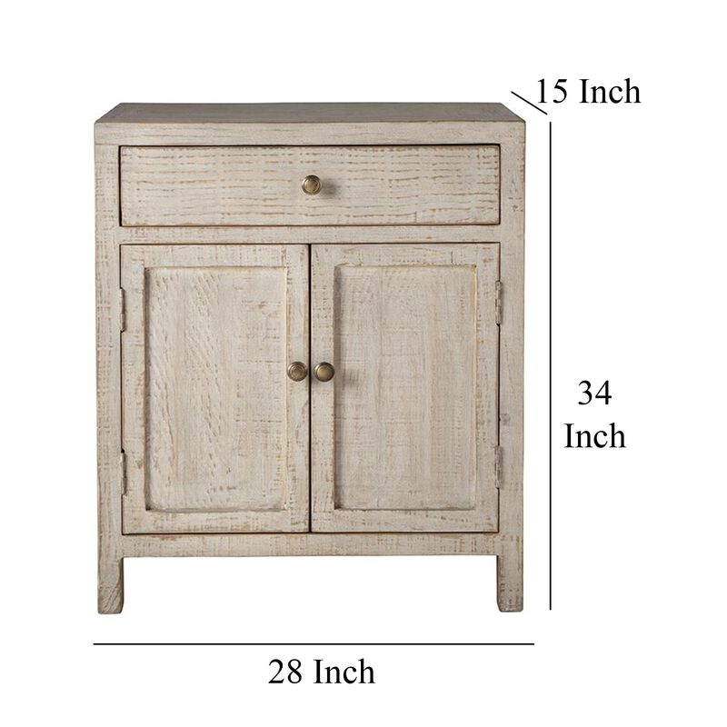 Lia Small Accent Cabinet, 2 Door, Drawer, Antique Style Whitewash Wood - Benzara