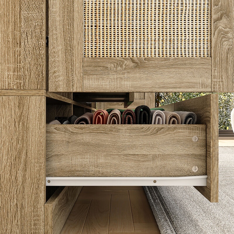 Brown Wood Grain 59 in. W Rattan Doors Design Armoires Wardrobe with 5-Drawers, 2-Hanging Rods (70.8 in. H x 18.8 in. D)